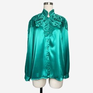 Vintage Mapsay teal green paisley embroidered cutout yoke scallop trim top L